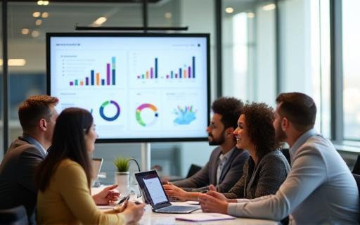 中小企業が革新的ソリューションXを活用してオフィスで活気よく成長しているイメージ